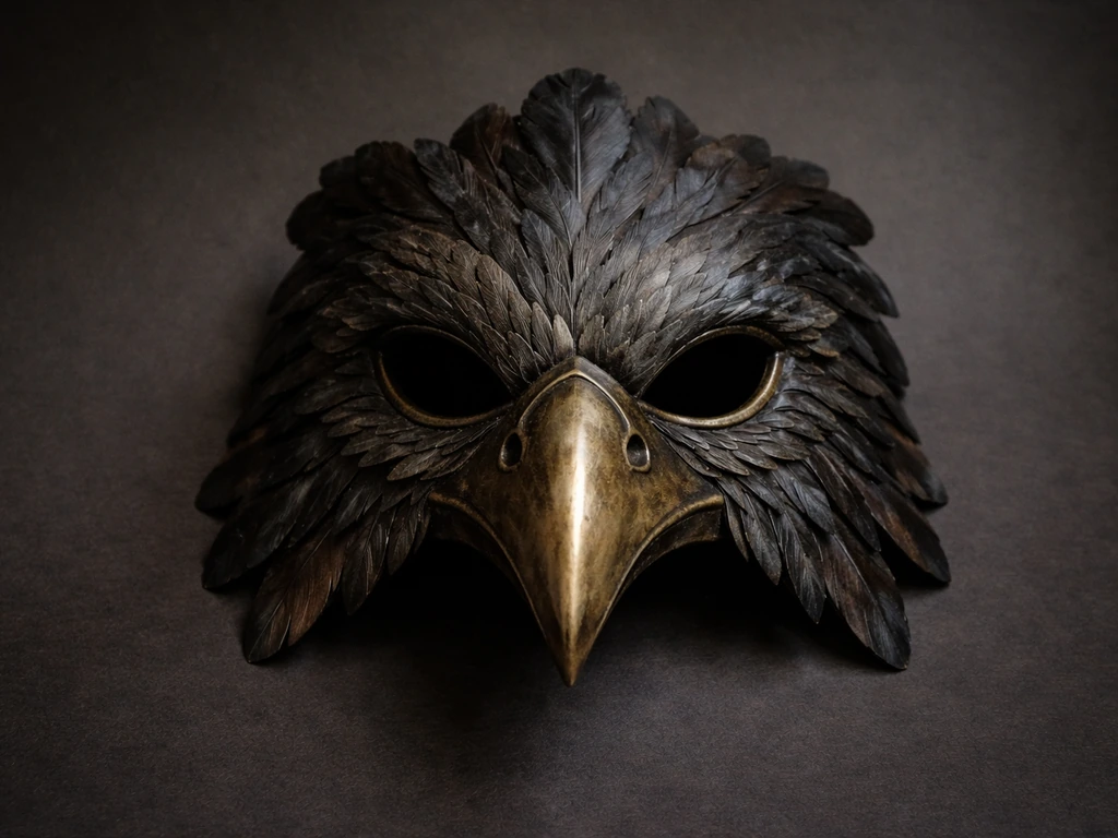 Close-up of a richly detailed bird mask with layered feathers against a dark neutral background.