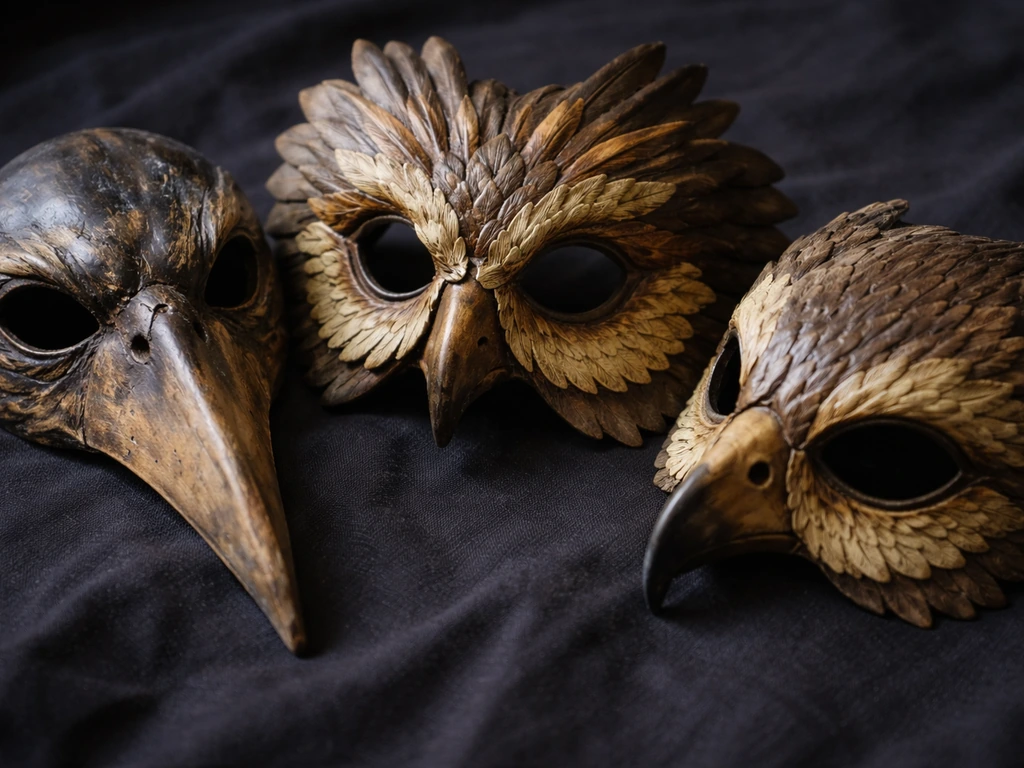 Close-up of bird masks with beak-like forms and feather crests on dark fabric background.