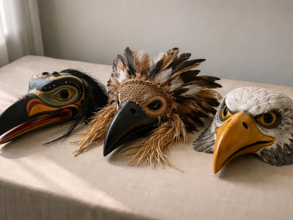 Three different bird masks from distinct traditions arranged side-by-side on a neutral surface.