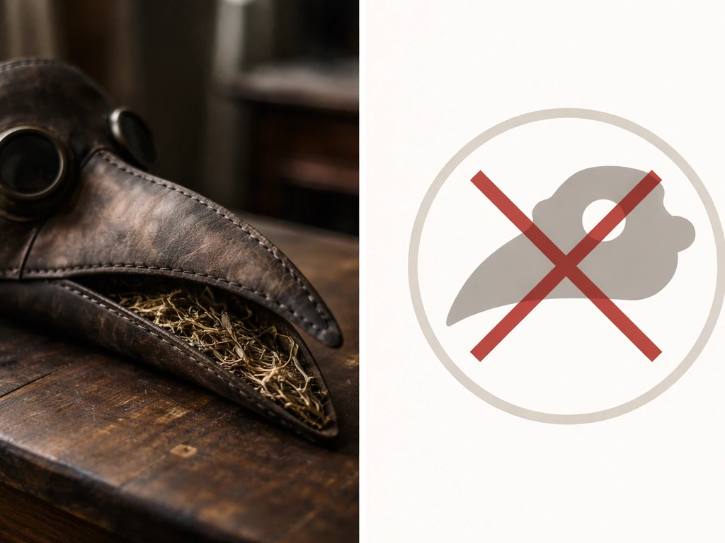 Close-up plague-doctor beak mask with a simple crossed-out myth callout silhouette on the side.