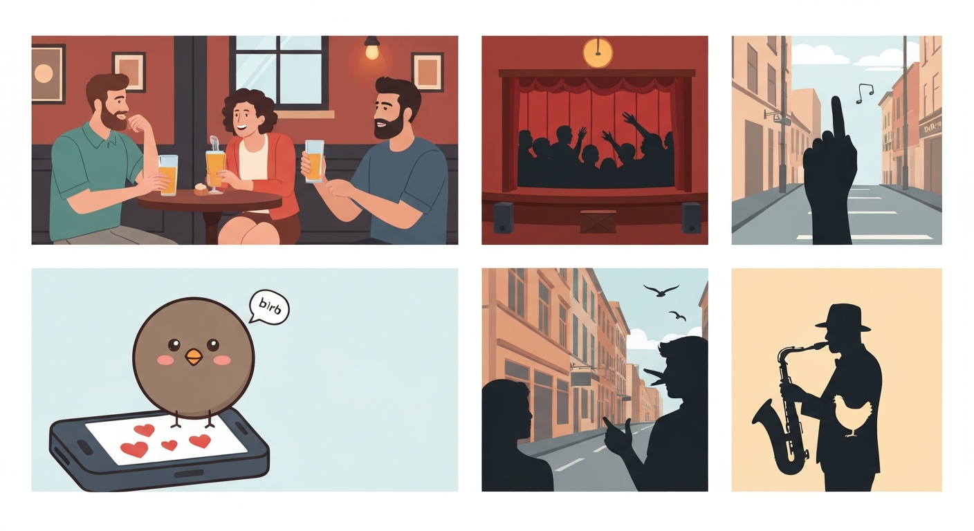 A stylized collage: a friendly pub scene with two diverse people, a small theater with an audience hissing, an abstract hand silhouette suggesting an obscene gesture, a cute round cartoon "birb" on a smartphone with hearts, and a vintage saxophonist silhouette with a small chicken icon — visualizing different slang meanings of "bird".