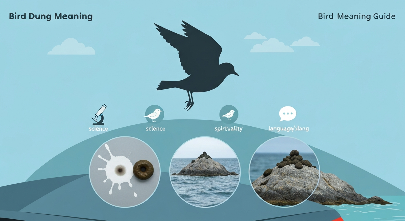 Concept illustration showing a bird and stylized droppings with small icons for science, spirituality, and language.