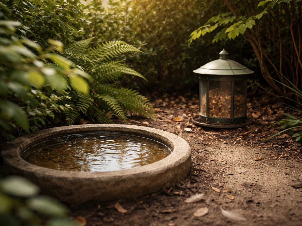 Warm garden bird haven with feeder and bird bath beside safe shrubs and brush