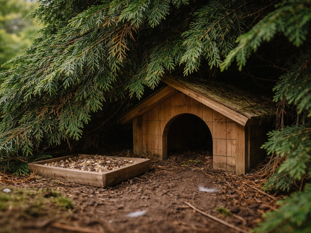 Small backyard bird shelter with leafy cover, protected from weather and predators.