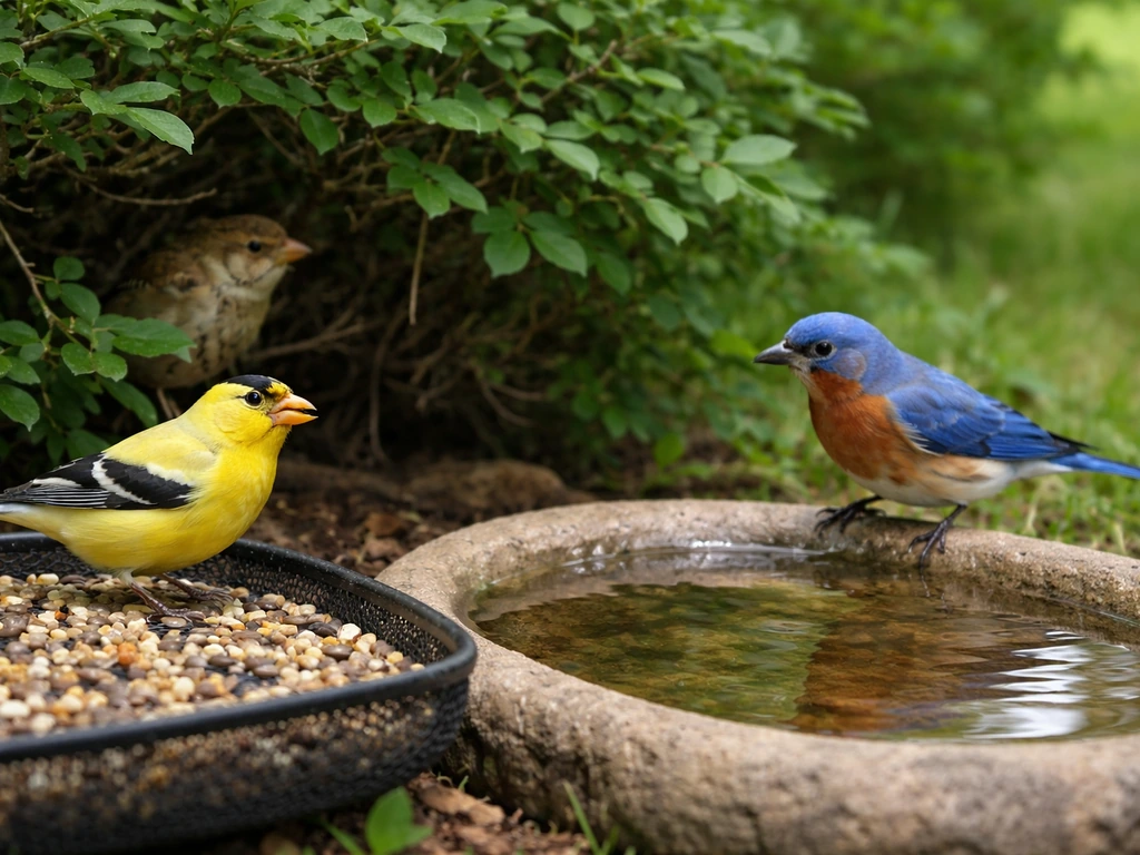 Colorful wild birds feeding at a clean feeder, drinking from a fresh bird bath near sheltered brush.