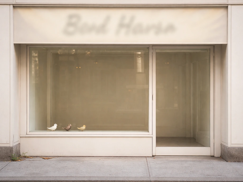 Empty storefront with a blurred “Bird Haven” branded banner, hinting name/marketing rather than literal birds.
