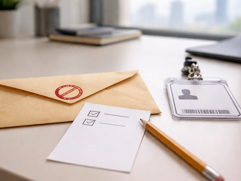 Close-up of a desk with a keycard badge, envelope, and compliance checkboxes with a no-referral cue.