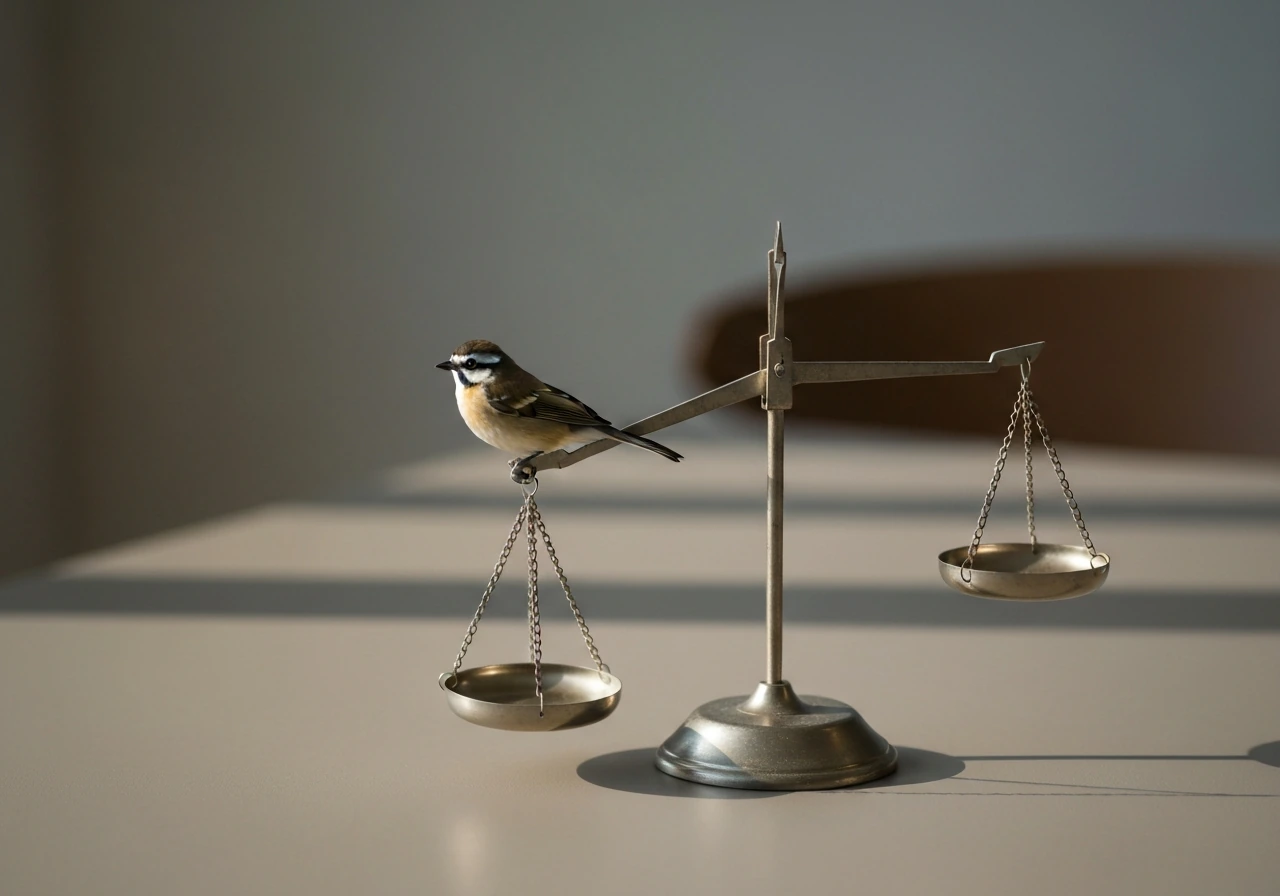 A small bird perched above a subtle balance scale, symbolizing bird worth and value.