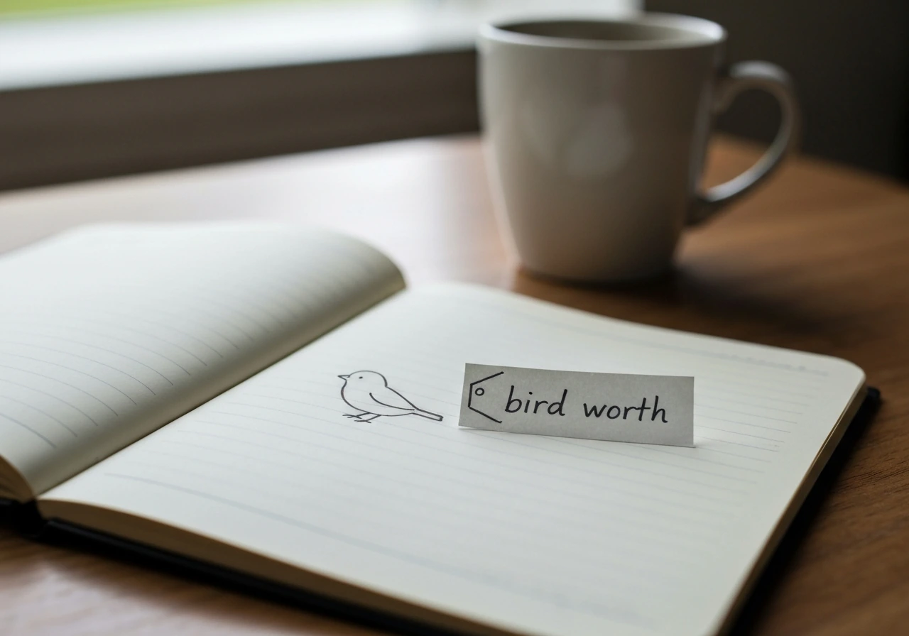 Close-up of an open notebook on a wooden desk with a small bird sketch and “bird worth” written.