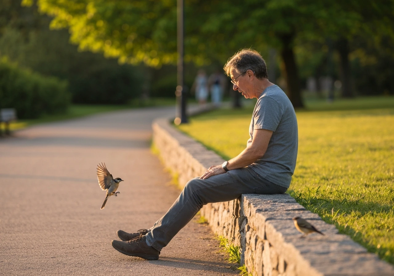 A person outdoors pauses in surprise as a small bird lands very close on a stone wall.