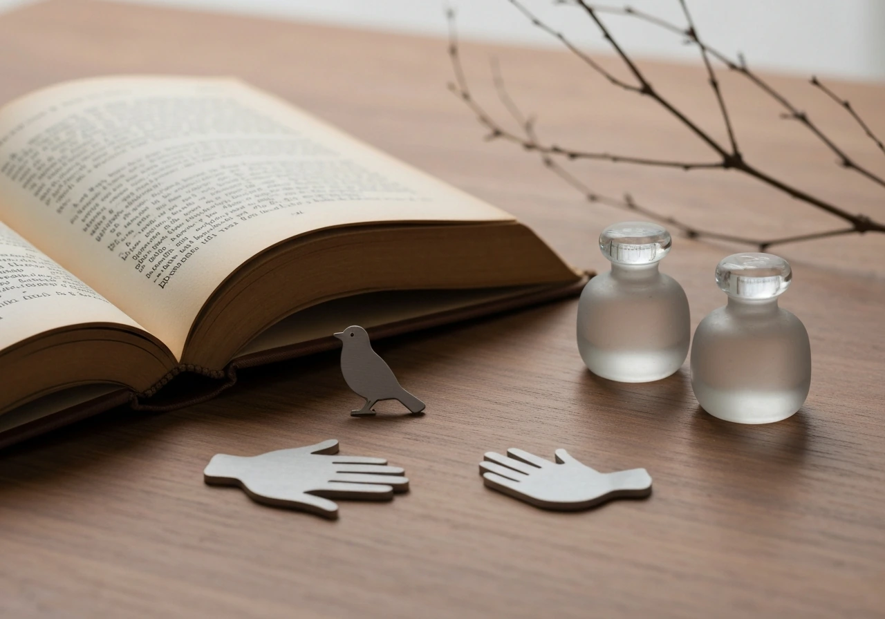 Close-up of an open old proverb book with a bird silhouette badge and minimal value-themed objects.