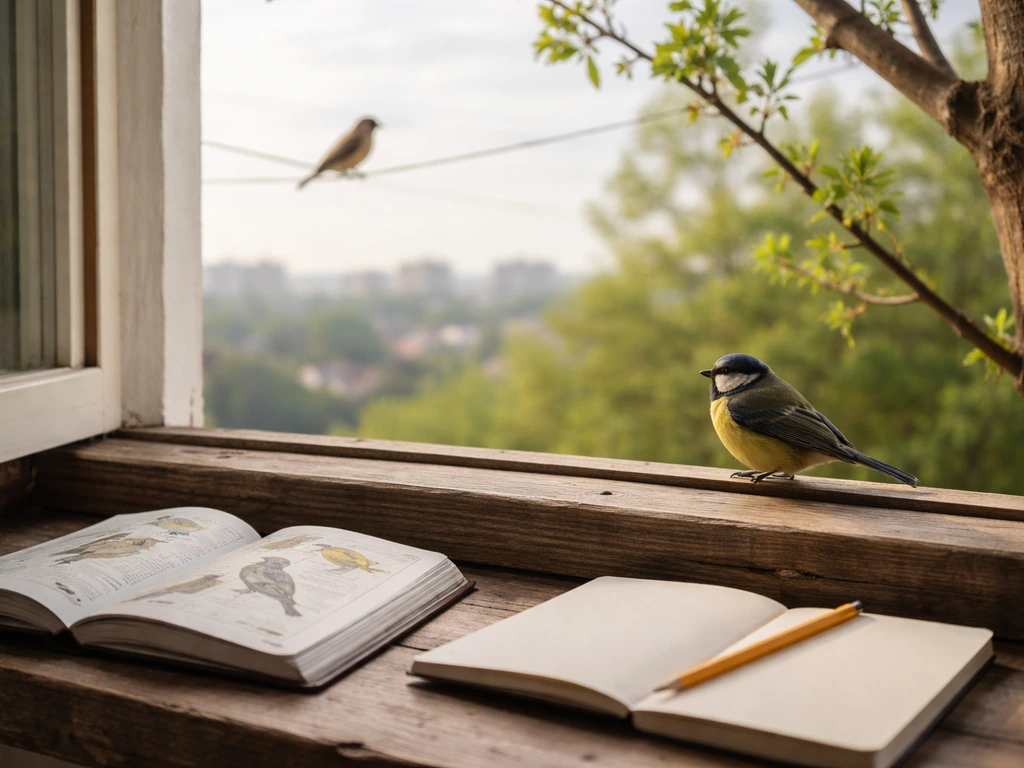 Multiple birds perched on window ledge, tree branch, and telephone wire near a naturalist field guide.