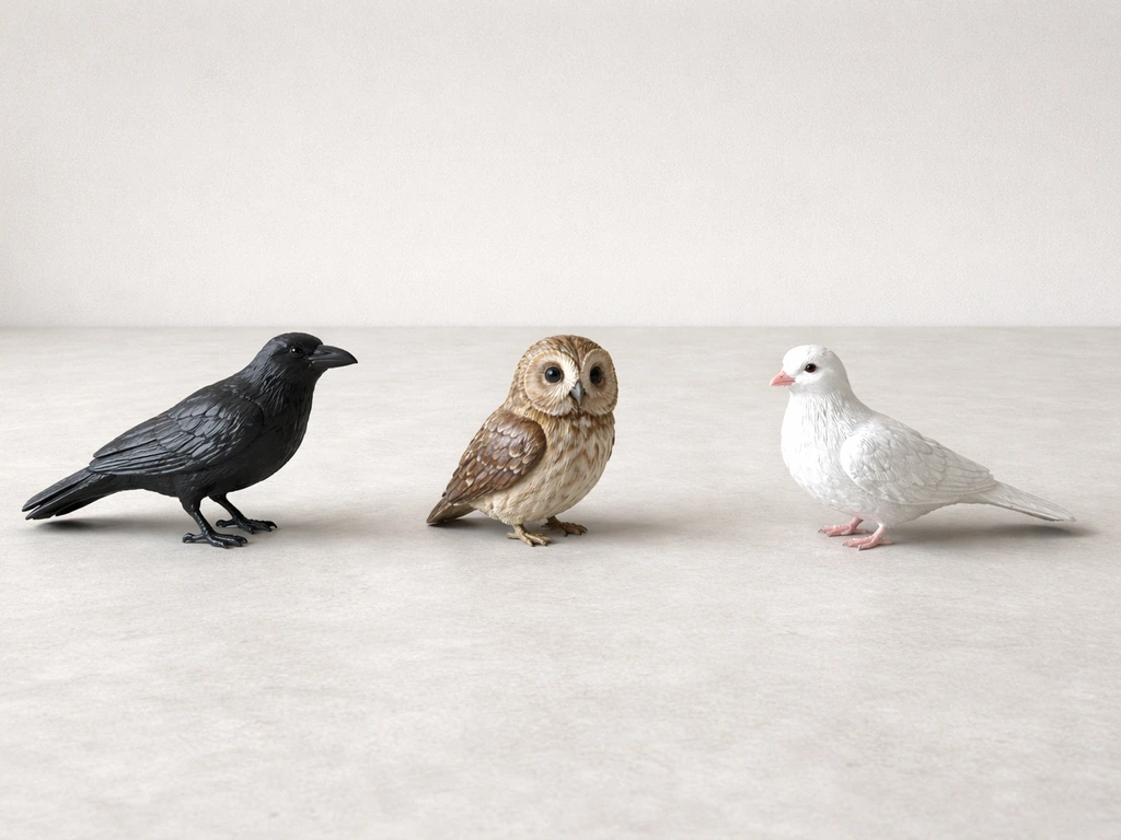 Side-by-side raven, owl, and dove figurines on a clean neutral surface.