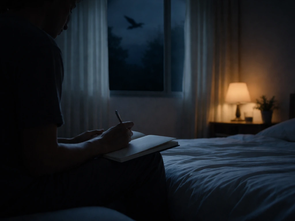 Person journaling at night in a bedroom with a bird silhouette outside the window.