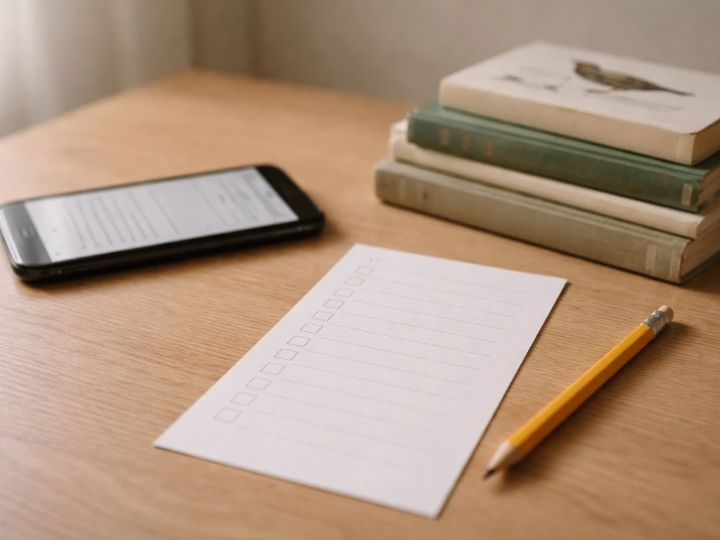 Phone showing bird research results beside a small stack of bird reference books and a blank checklist.