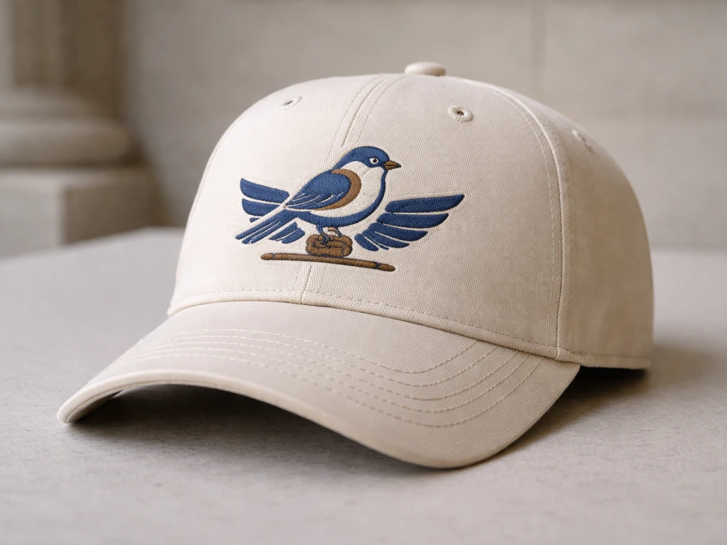 Close-up of a bird-themed legal baseball cap with a small bird and subtle gavel motif, symbolic and minimal.