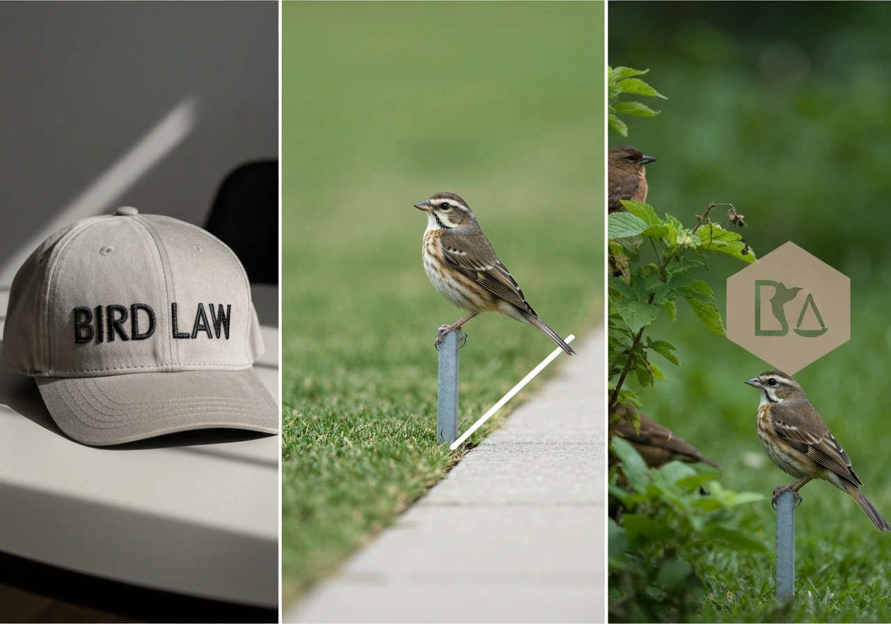 Triptych image showing: a cap labeled “BIRD LAW,” a bird by a property line, and birds in nature.