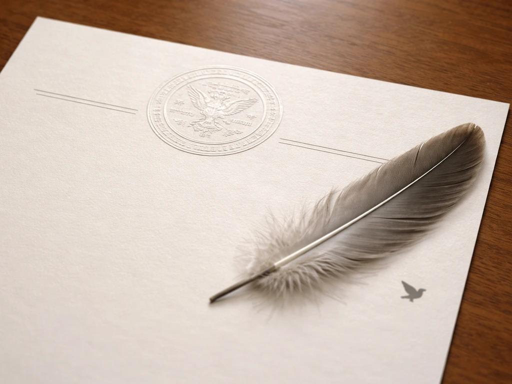 Close-up of an MBTA-style document seal texture next to a feather and simple bird silhouette.