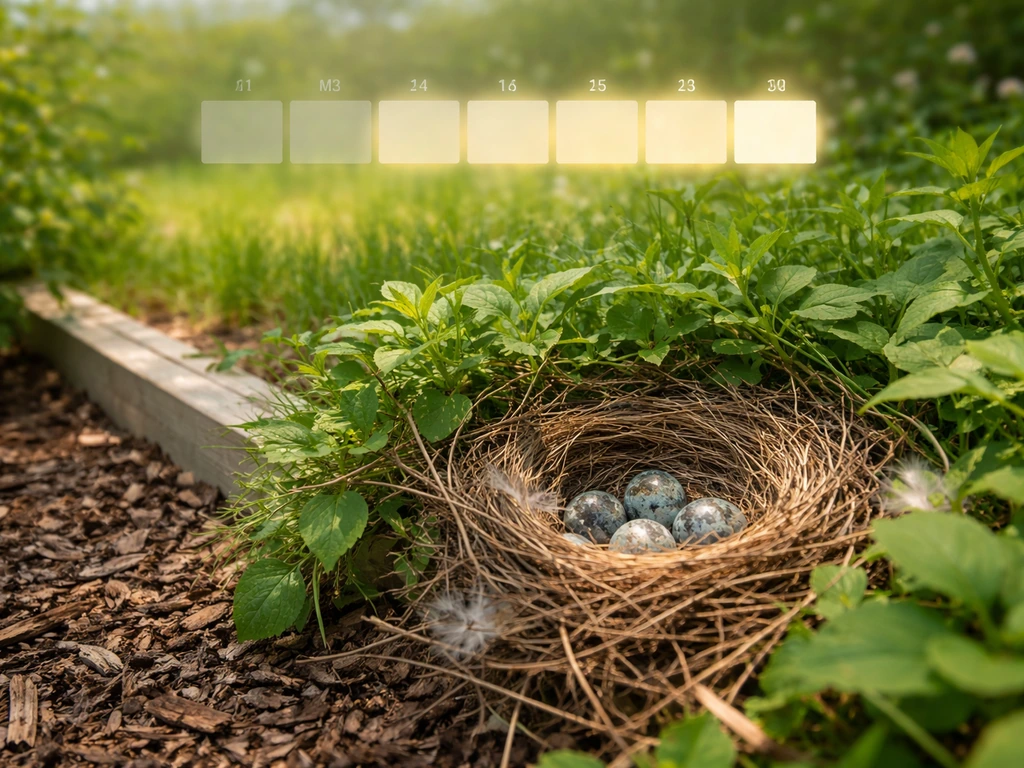 Early-summer bird nest tucked in vegetation near a property edge, with a subtle peak-month calendar overlay.