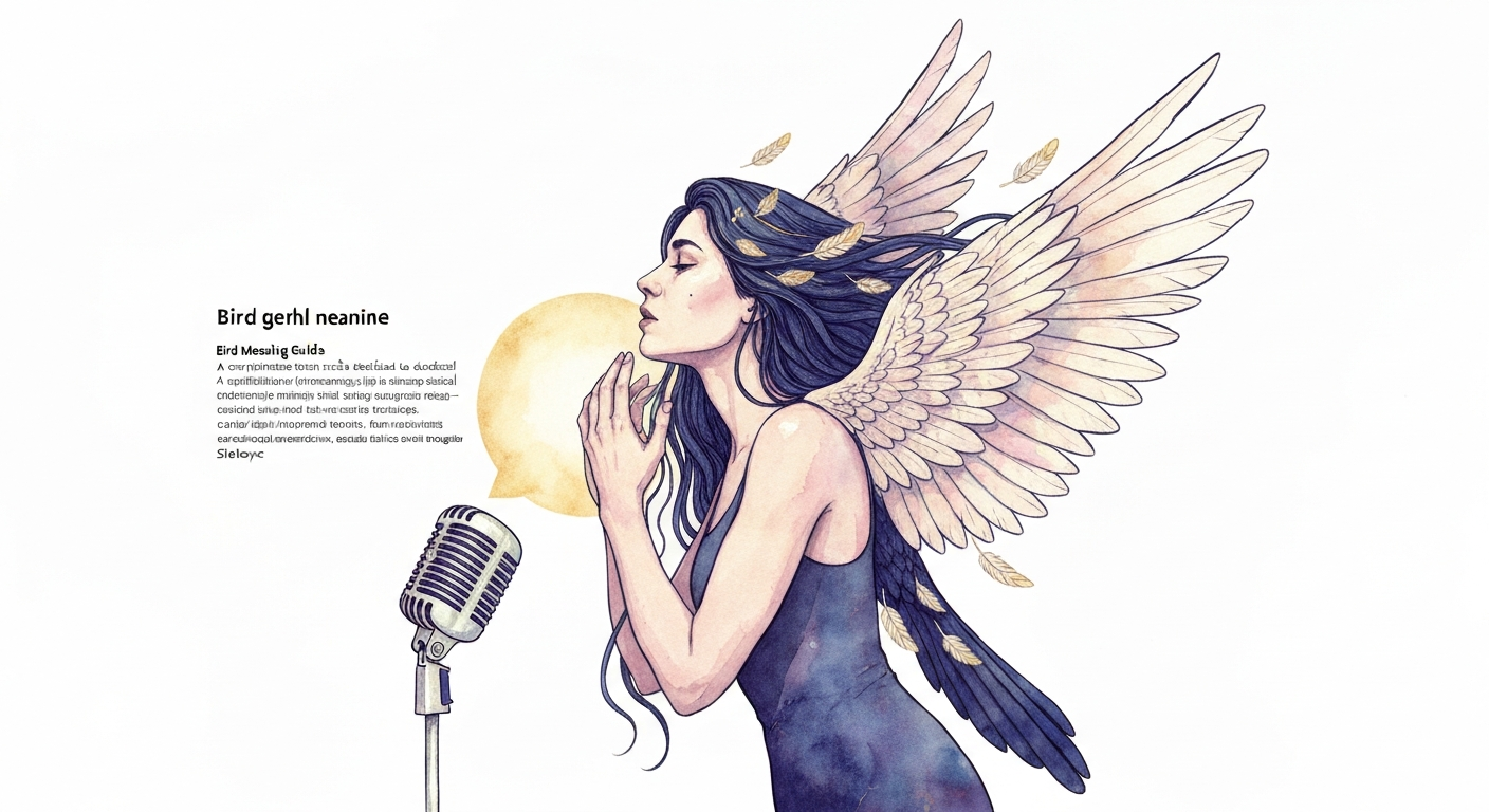 Ethereal illustration of a gender-fluid bird-woman merging human features with feathers, evoking transformation and music.