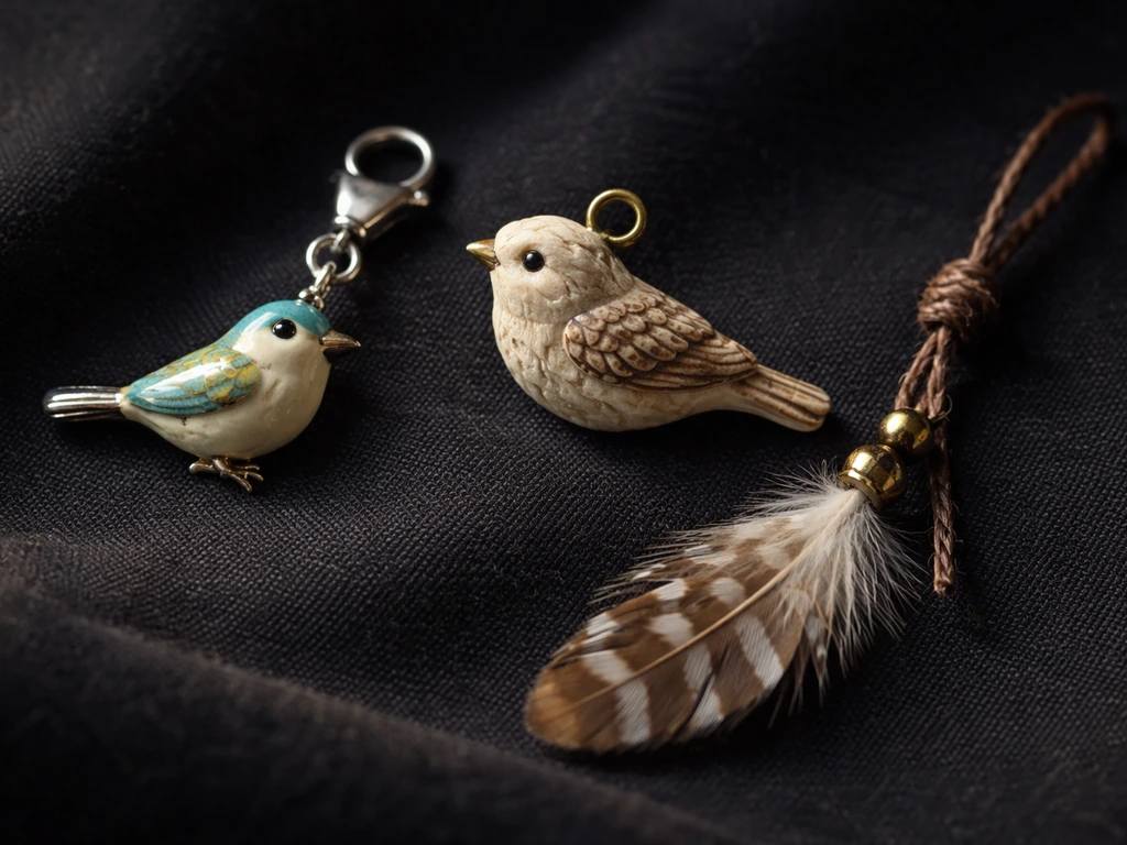 Close-up of assorted bird charms—jewelry, carved figurine, and feather-knot style—on a dark fabric background.