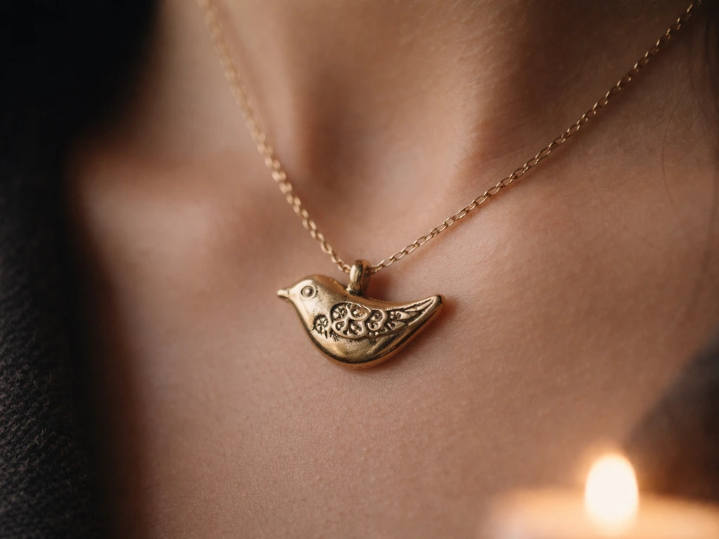 Close-up of a small bird charm amulet on a necklace against soft fabric, with subtle protective eye motifs.
