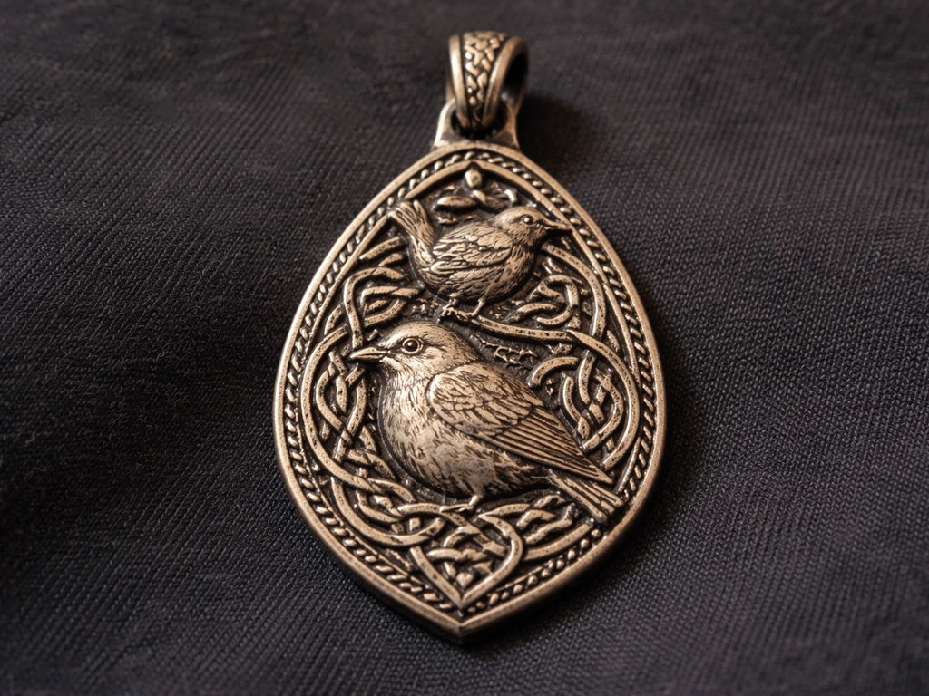 Close-up of an antique Celtic bird charm pendant with engraved wren and robin knotwork details.