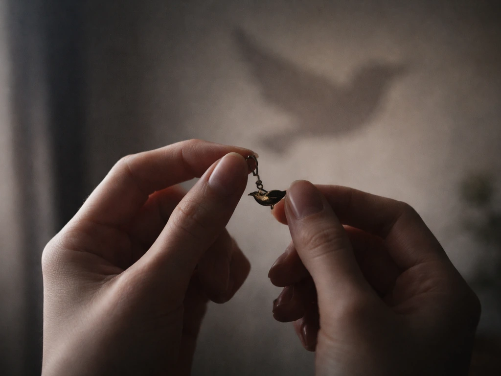 Anonymous hands holding a small metallic bird-charm pendant in a dim, symbolic room.