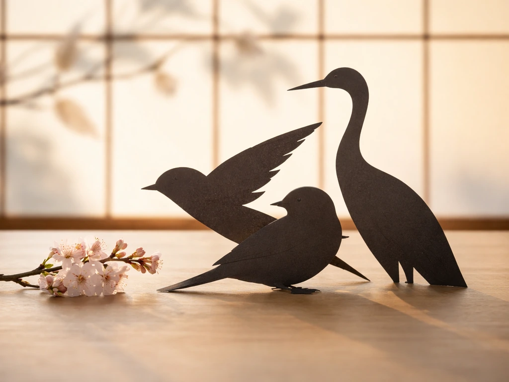 Centered silhouettes of Japanese birds on a wooden table with soft shoji light and subtle seasonal blossoms.