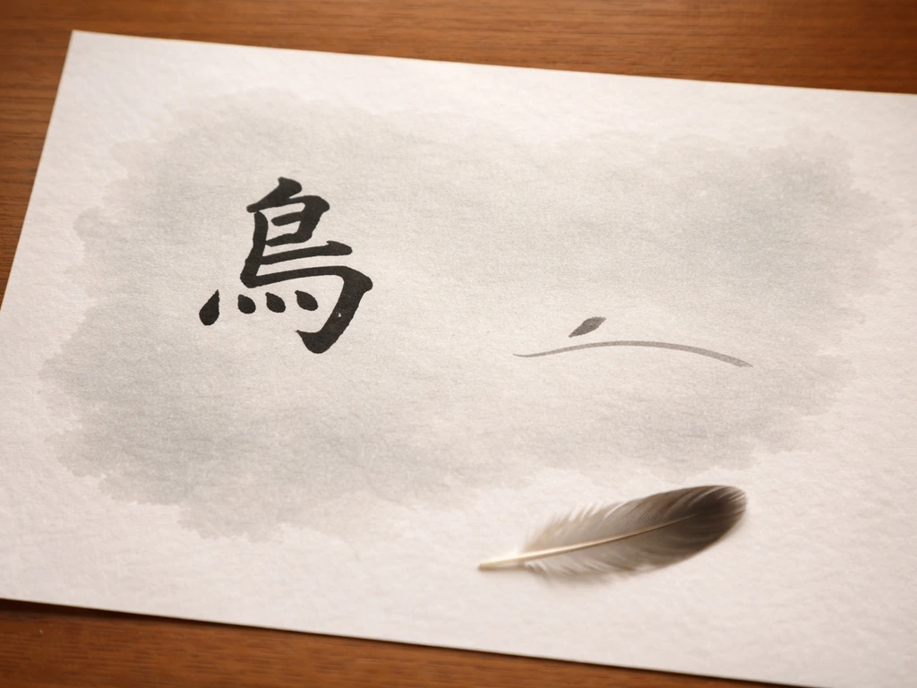 Close-up of the kanji 鳥 on textured paper beside a small simple bird feather, showing reading structure concept.