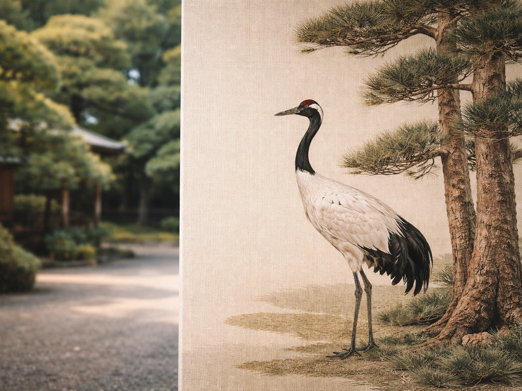 Traditional Japanese motif of a crane beside pine trees symbolizing longevity