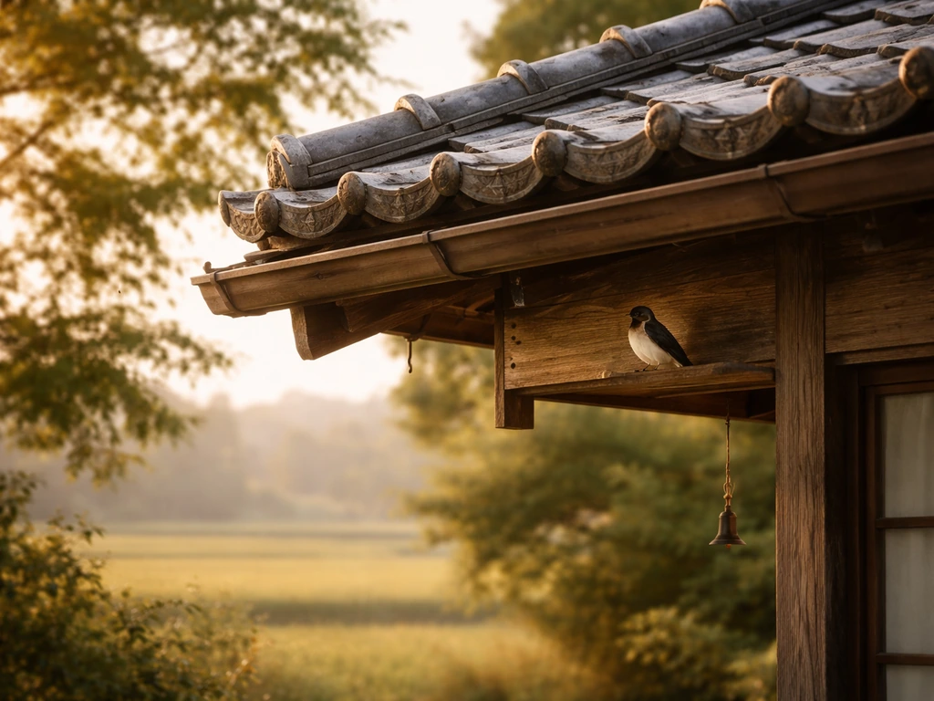 A swallow perched near a rural Japanese home eave with soft evening light and quiet countryside.