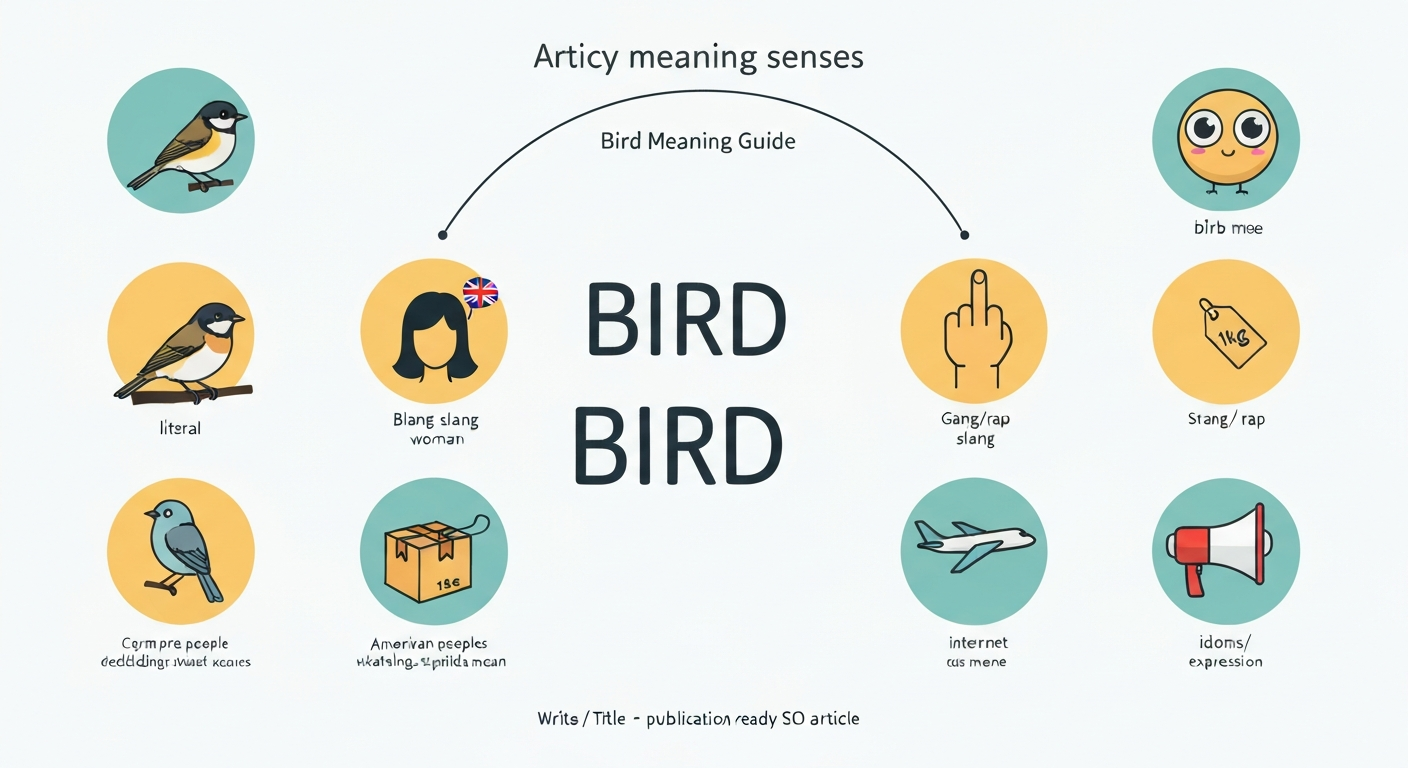 Infographic showing the word 'BIRD' in the center with labeled icons around it: a songbird (literal), a female silhouette with a UK flag (British slang), a stylized raised middle finger (gesture), a small package labeled '1kg' (drug slang), an airplane silhouette (aviation), a cute round 'birb' (meme), and a book/megaphone icon (idioms).