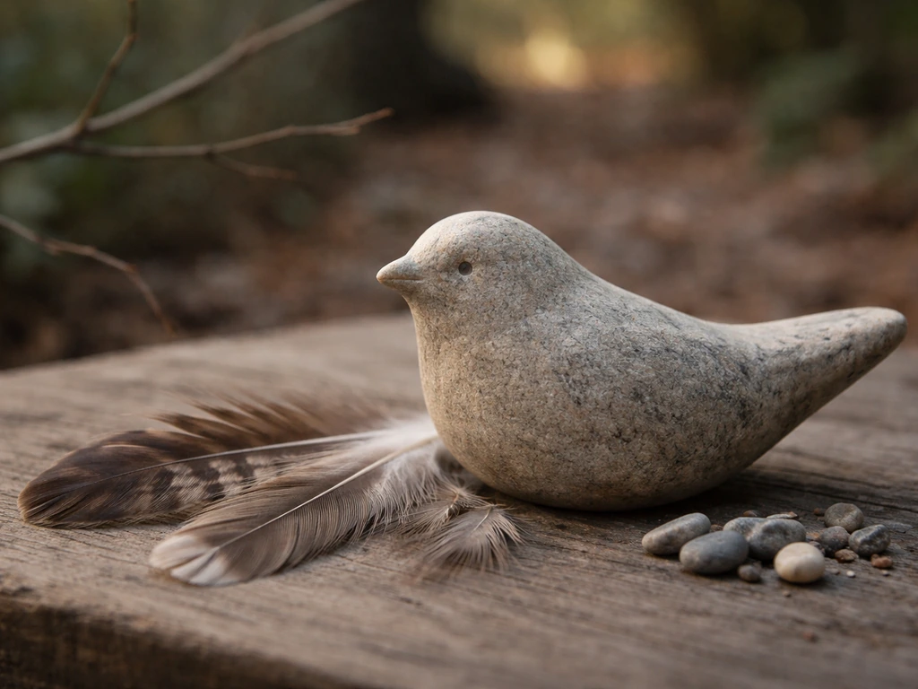 Weathered bird-shaped stone beside feathers and pebbles on a leaf-strewn woodland floor.