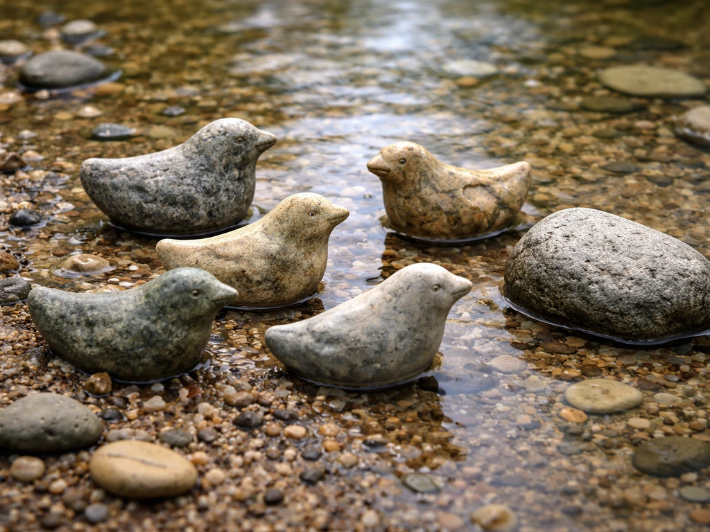 Close-up of bird-shaped natural rocks among pebbles in a streambed, with one clearly different rock