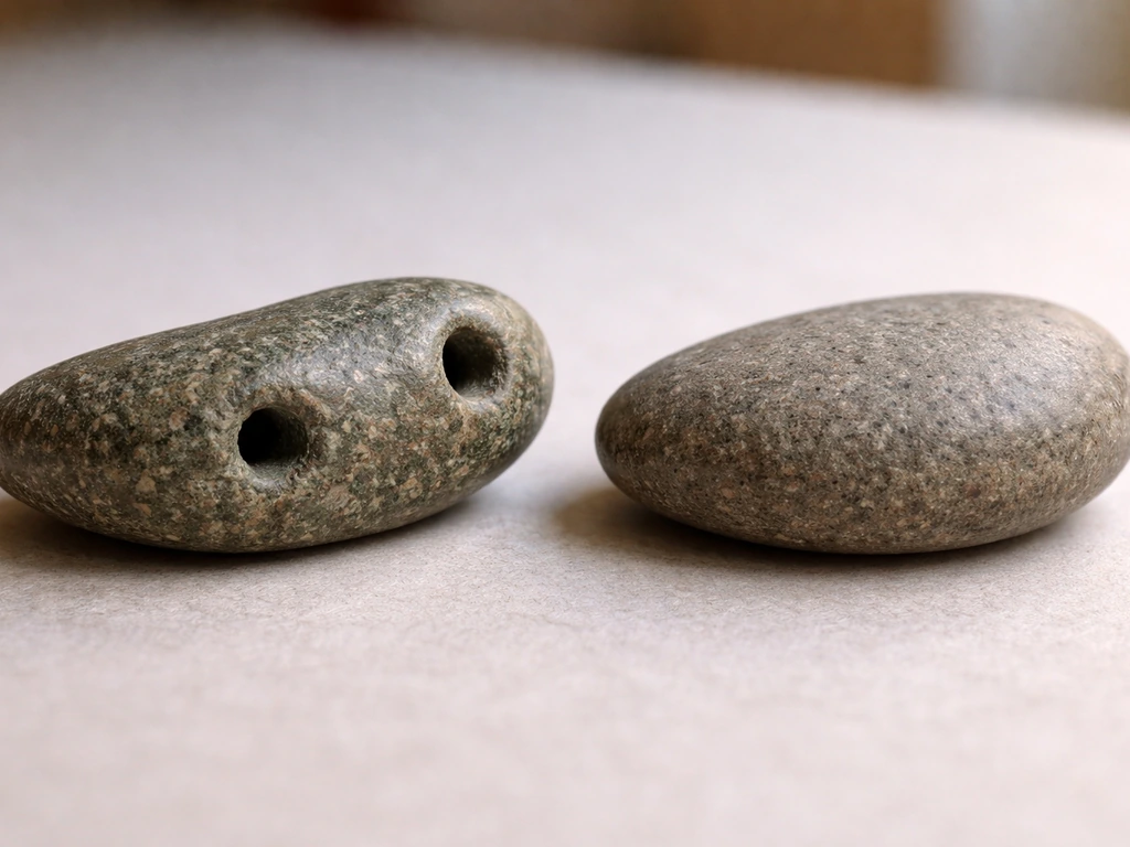Side-by-side closeups of a birdstone-like artifact with drilled holes and a smooth stone without holes.