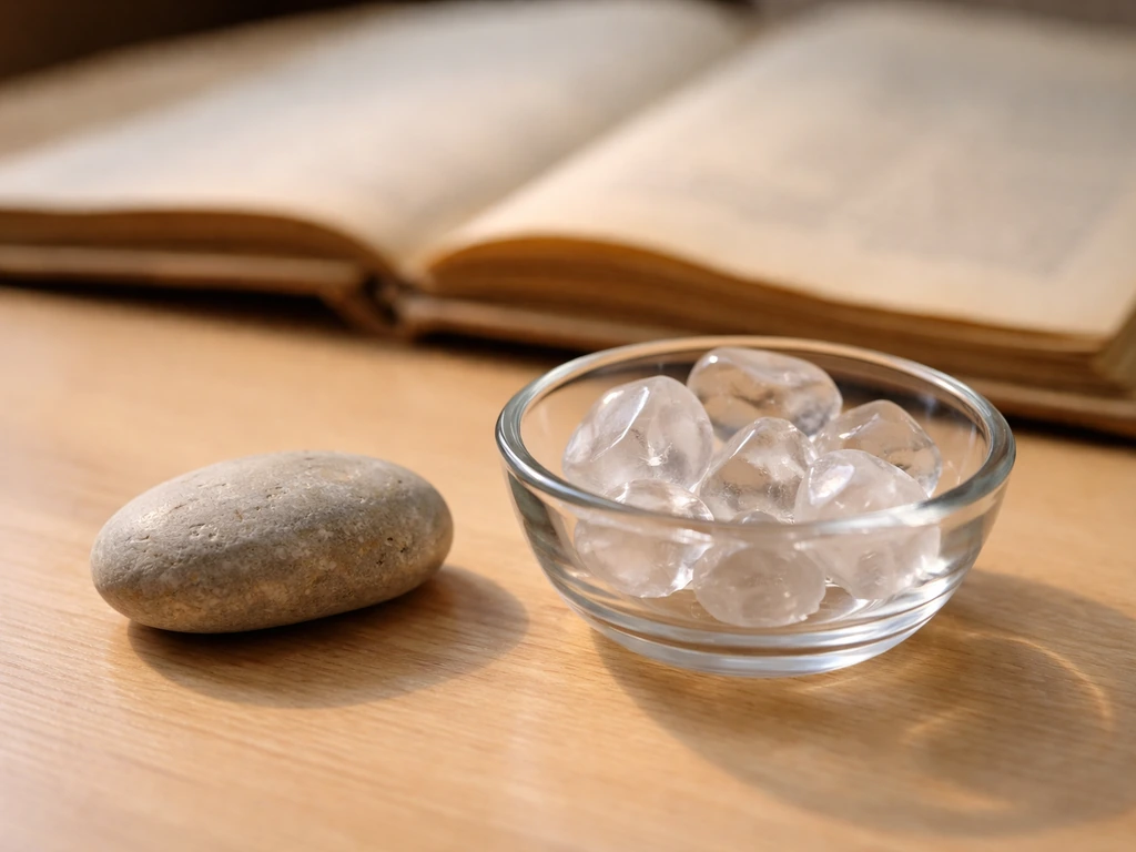 A river pebble-like birdstone next to generic clear healing crystals on a desk with blurred archival papers behind