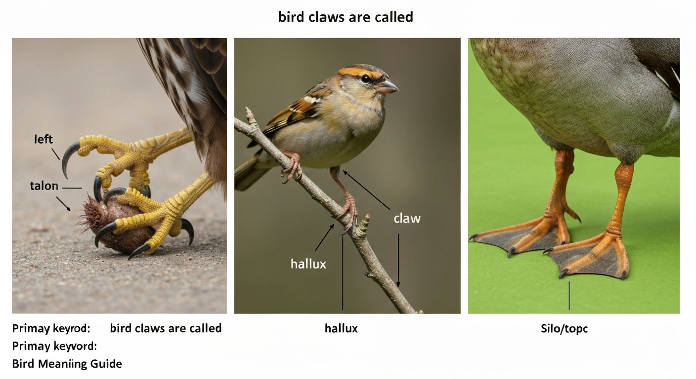 Triptych comparison of bird feet: raptor foot with large recurved talons (left), passerine foot on a branch with smaller claws and visible hallux (center), duck foot showing webbing and small claws (right).