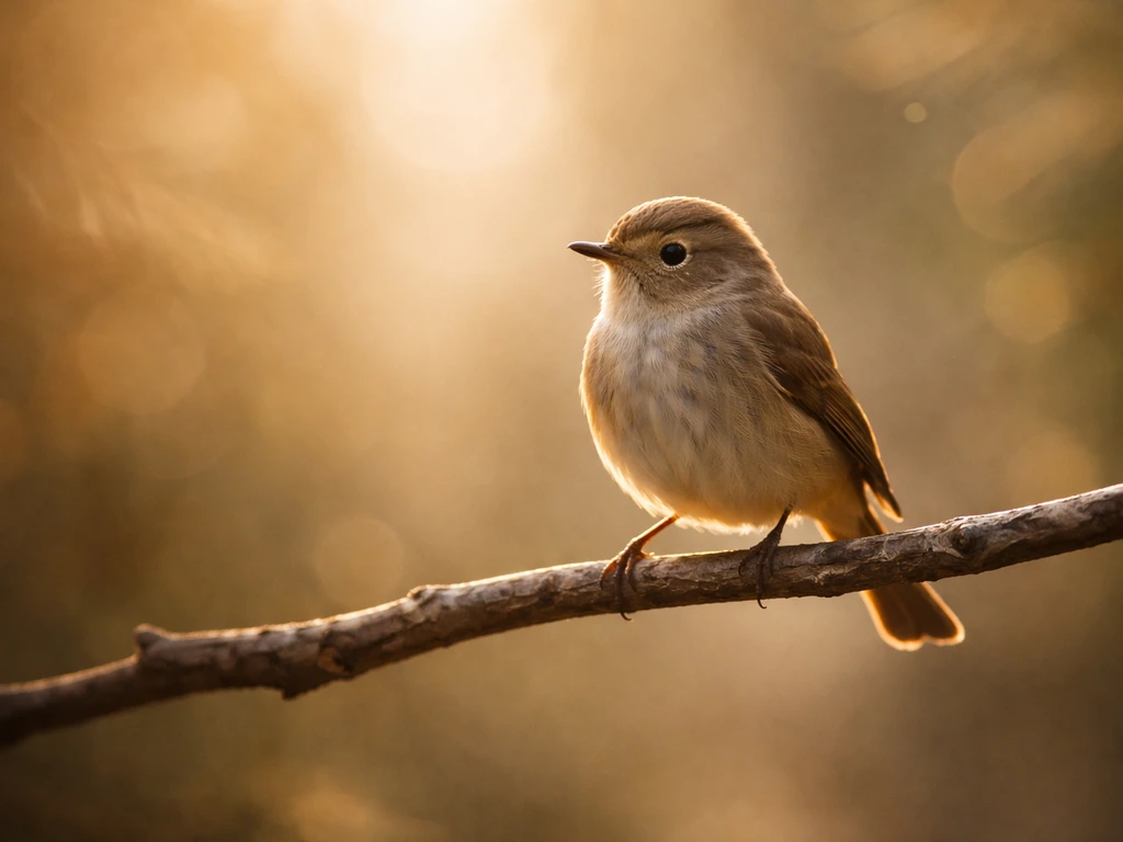 Single small bird perched in soft natural light against a subtle glowing background texture