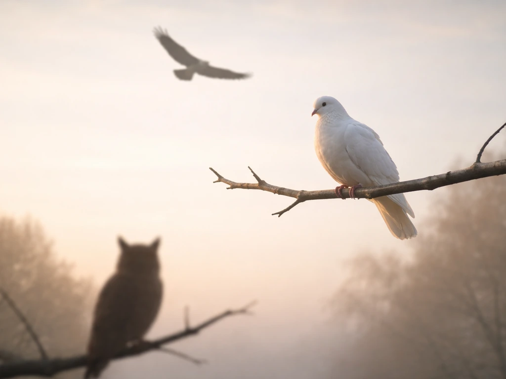 Minimal nature scene with a dove, an eagle silhouette, and an owl silhouette symbolizing freedom and spirit.