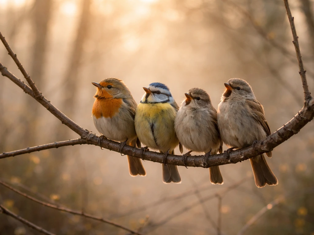 Small songbirds perched on bare branches at dawn, glowing early-morning light and soft mist behind them.
