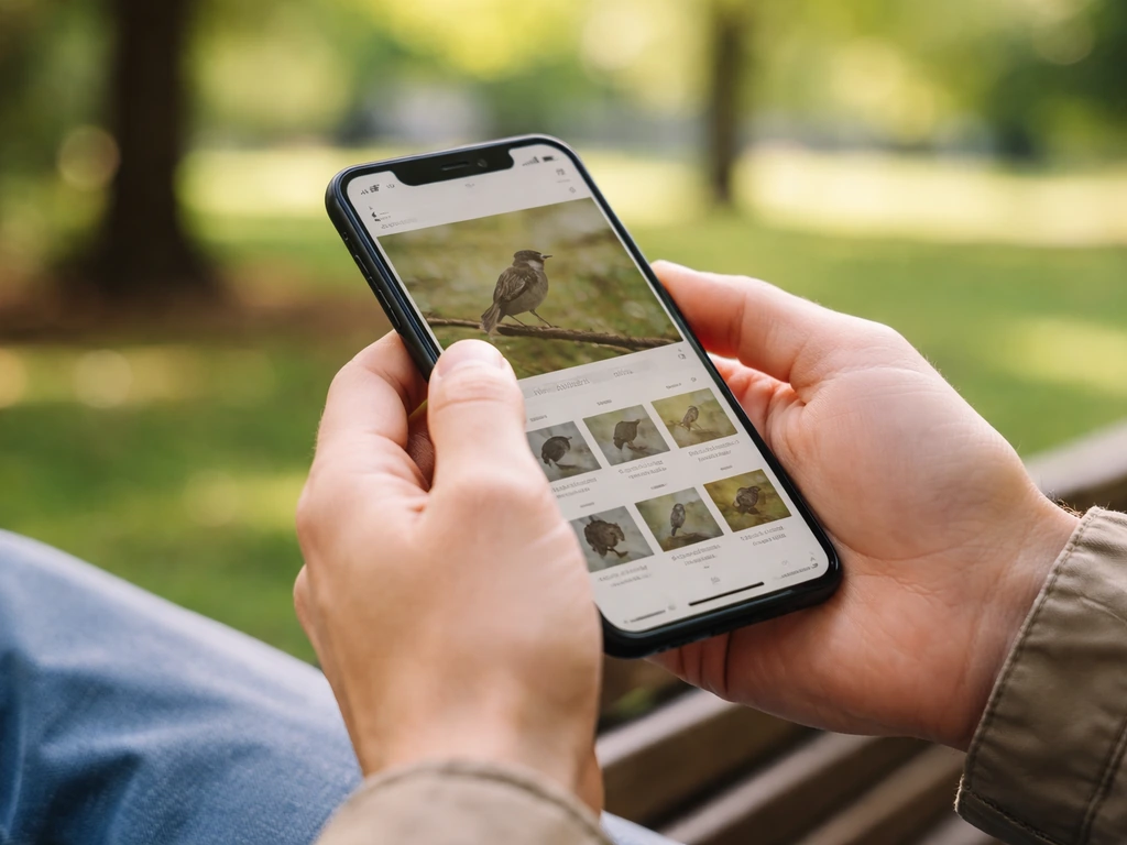 Anonymous hands holding a smartphone with a bird ID reference photo while birding outdoors.