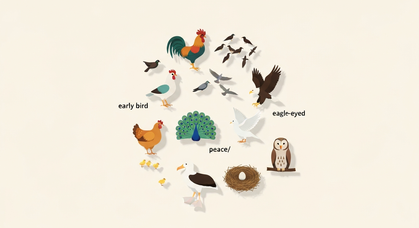 Flat-vector collage of birds — rooster, starling flock, eagle, dove, peacock, hen with chicks, albatross, nest with an egg, and an owl — representing common bird analogies.