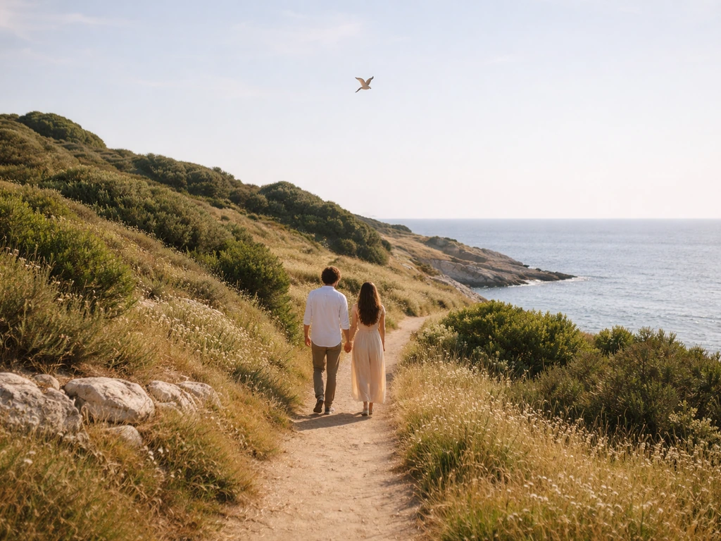 Anonymous couple walking a coastal path near Livorno as a skylark sings overhead.