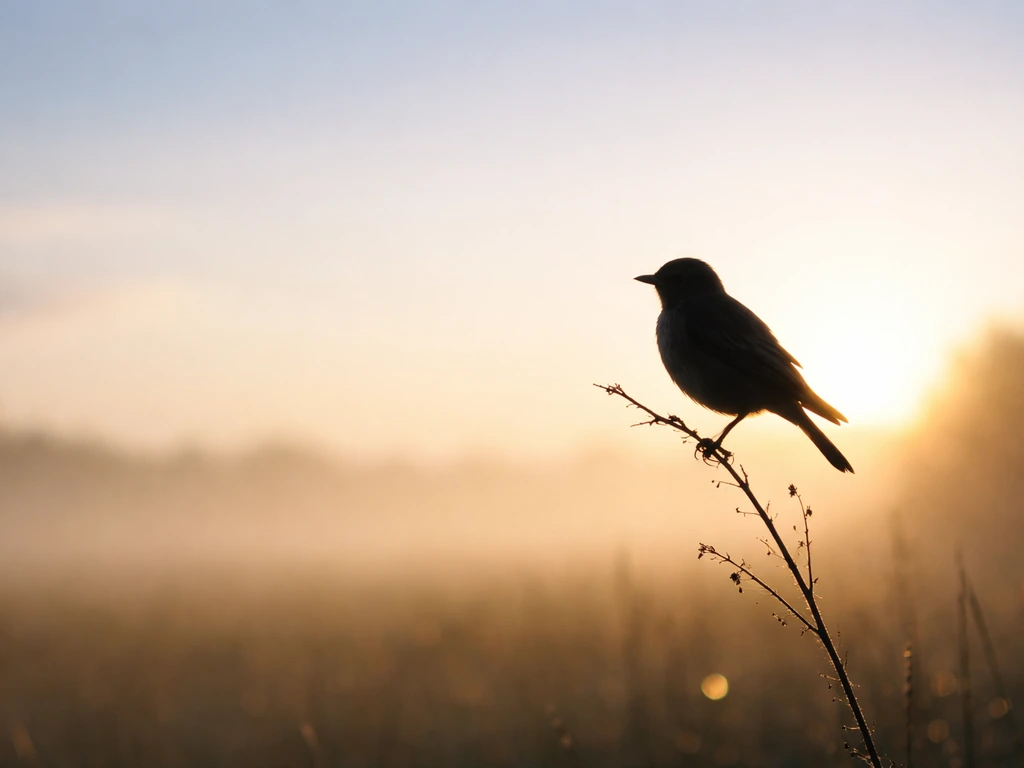 Skylark silhouette on a twig against a dawn sky glow, evoking spiritual elevation.