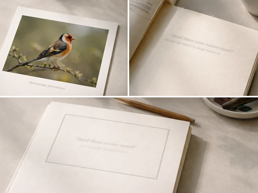 Minimal collage of bird photo print, open book epigraph page, and art notebook with blurred text.
