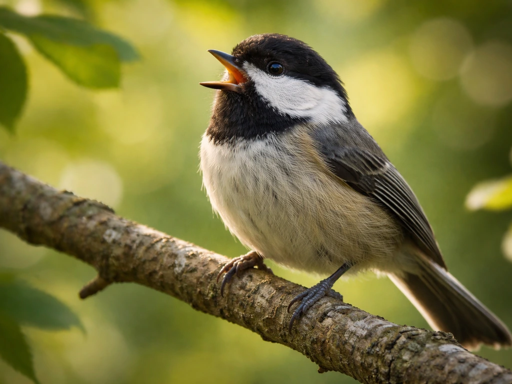 Small songbird perched on a branch, mouth slightly open as if calling, with soft green background bokeh.
