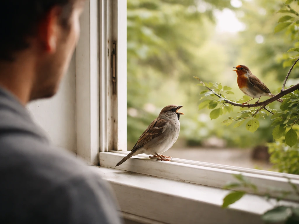 Person by a window garden as small birds perch and vocalize nearby