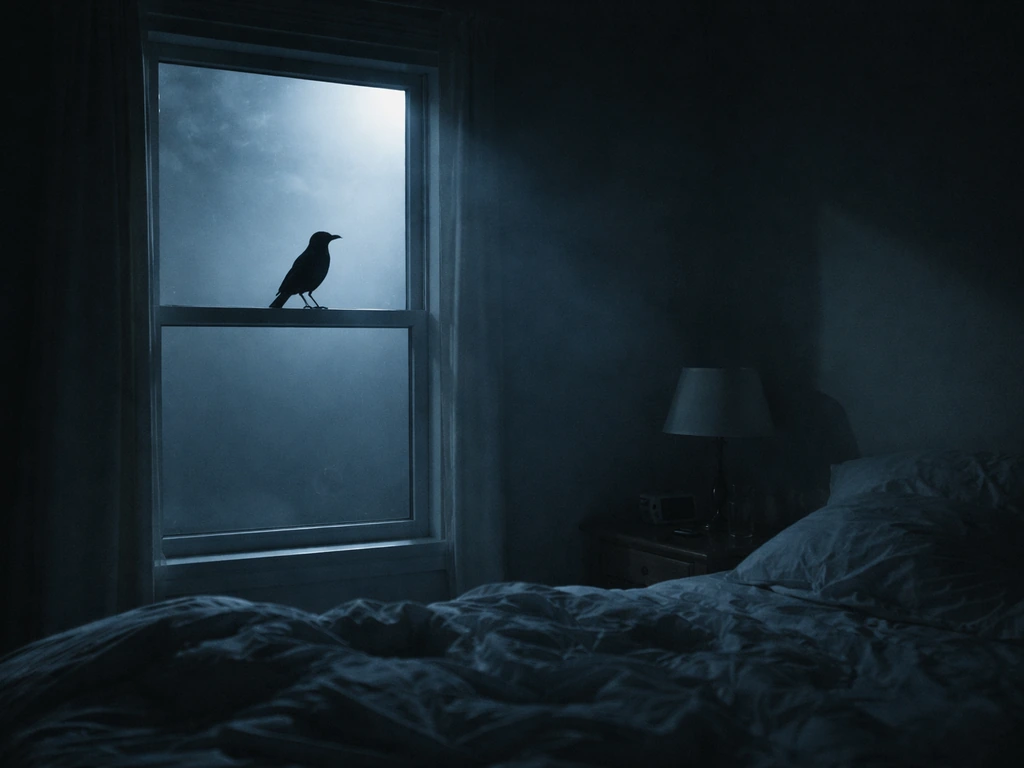 Moonlit bedroom with a dark bird silhouette perched at an open window at night
