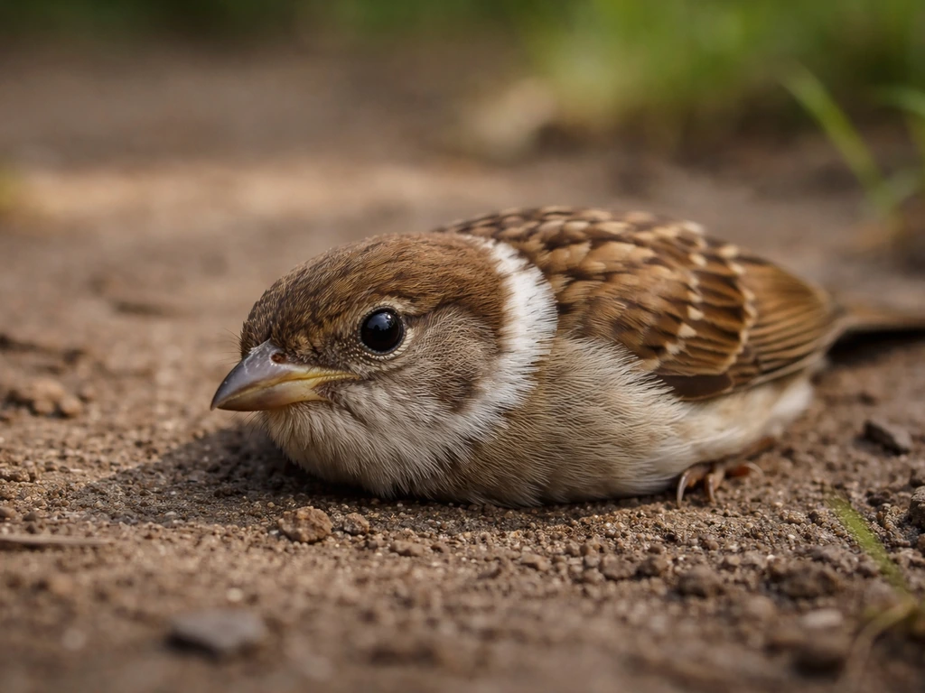 Small bird lying on the ground with eyes open in natural outdoor light